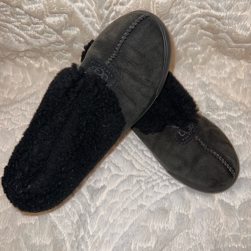 UGG Black Leather Suede Fur Lined Slipper Shoes